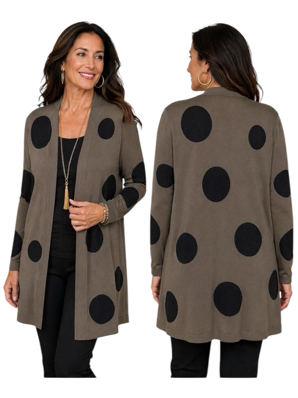Chico’s Olive Green Polka Dot Lightweight Knit Open Front Cardigan Sweater Med